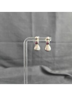 Vintage Sterling Silver Garnet Drop Earrings Minimalist Modernist Stud